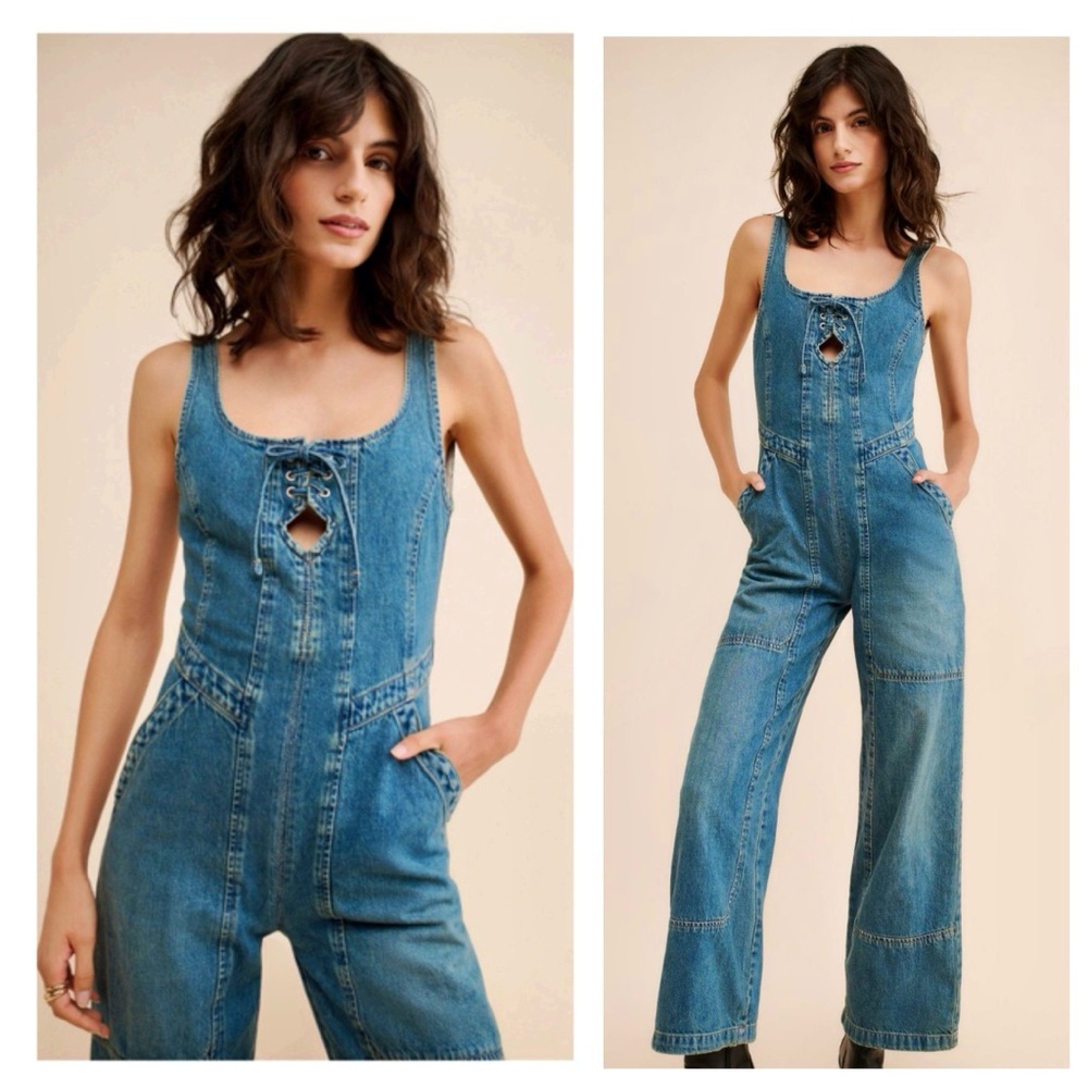 Free People Amina Denim Wide-Leg + Lace-Up Jumpsuit